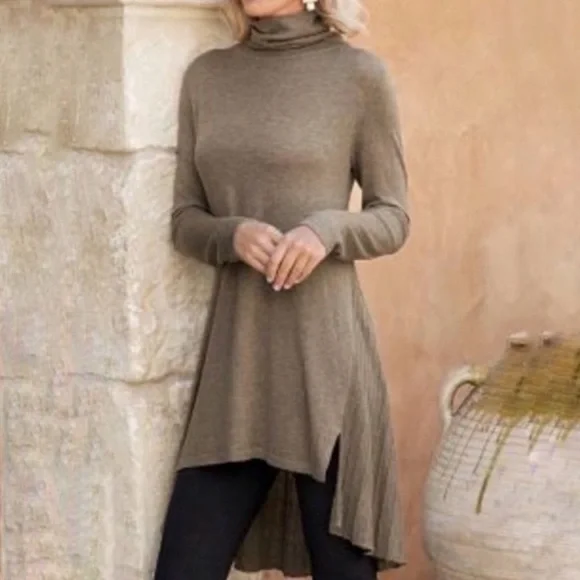 Soft Surroundings | Dresses | Soft Surroundings Dress Cassandra Tan  Turtleneck Sweater Dress Tunic Sz L Guc | Poshmark
